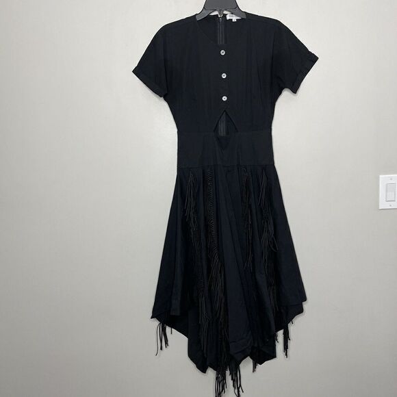 BIBHU MOHAPATRA Collective Dress Womens 6 Black Cutout Fringe Asymmetric Midi - Picture 2 of 9
